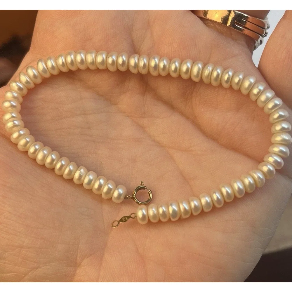 Vintage Cultured Rondelle Pearl Bracelet 10K Yellow Gold Clasp 7.5